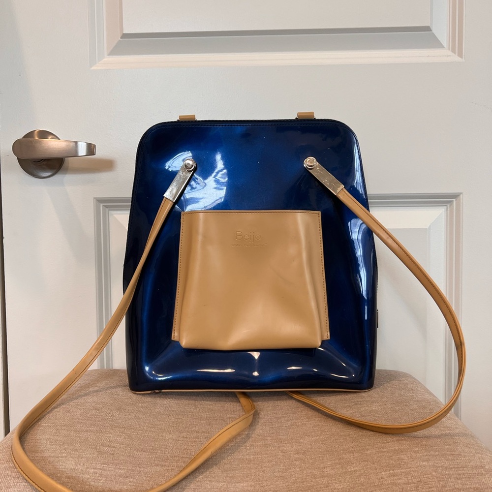 Vtg Beijo Blue and Tan Women's Convertible Bag